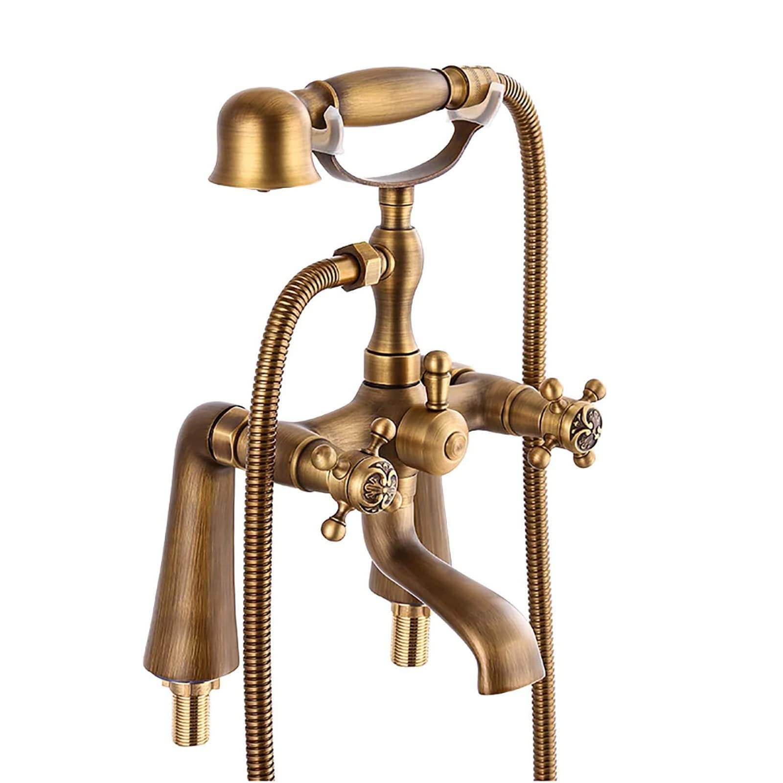 JYBNBBE Bathtub Faucet with Handheld Shower, Wall Mounted Retro Style Tub and Shower Faucet Double Cross Handles Tub Faucet Brass Bathroom Mixer Tap