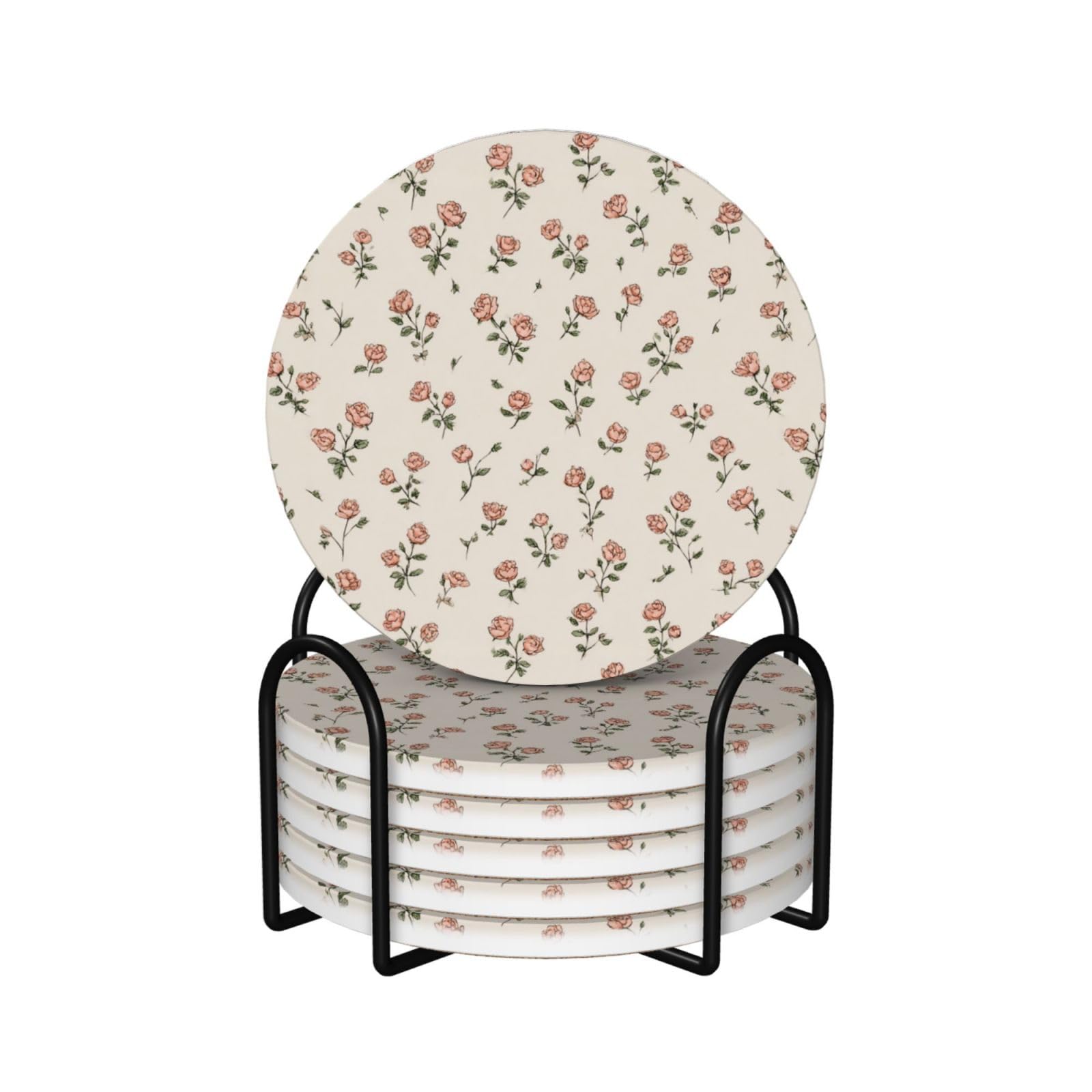 Small Soft Pink Rose Ceramic Coasters with Holder 6ps