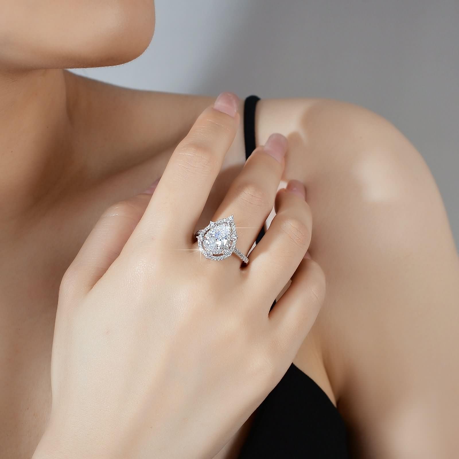 Anillos de boda para mujer, anillos de compromiso, oro auténtico con moissanite de 2 quilates, oro blanco, forma de gota, anillo Halo para mujer