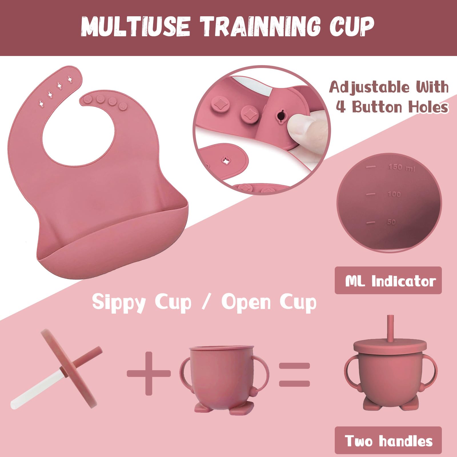 Silikon Baby Geschirrset, 14er Set Kindergeschirr, Babyteller mit Saugnapf, Schüssel, Lätzchen, Babylöffel,Babybrei-Gefrierdose, Trinklernbecher,Fruchtsauger,Baby Led Weaning Besteck Set (Dunkelrosa)