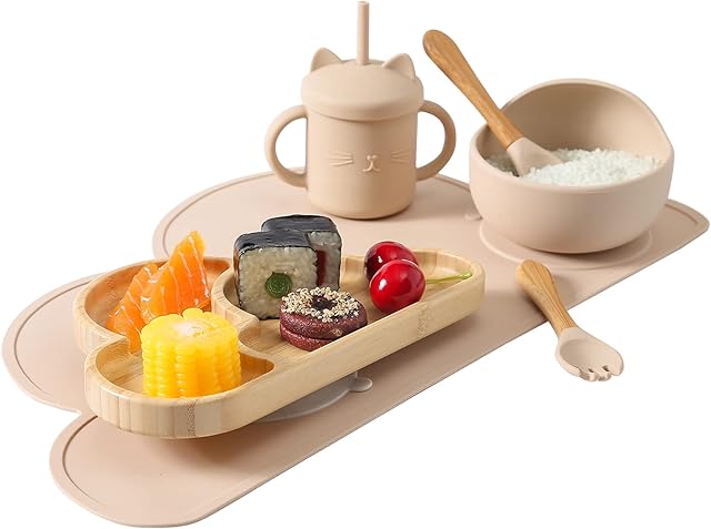 let's make Baby Weaning Set, Toddlers Plates Set of 6pcs, Silicone Feeding Set with Suction Plate, Straw Cup and Bowl & Spoon for Babies with Kid Cloud Platemat | BPA Free (Beige)