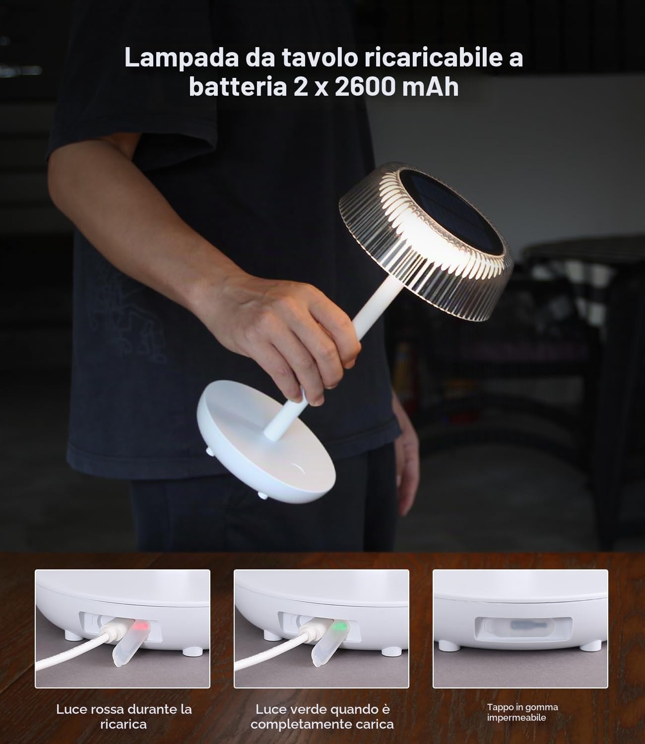 DAWALIGHT Lampade da Tavolo per Esterno a Batteria, IP54 Impermeabile Lampada da Tavolo Solare LED 3000K Luce Bianca Calda, Lampada da Comodino Dimmerabile Senza Cavo per Giardino, Campeggio, Camera