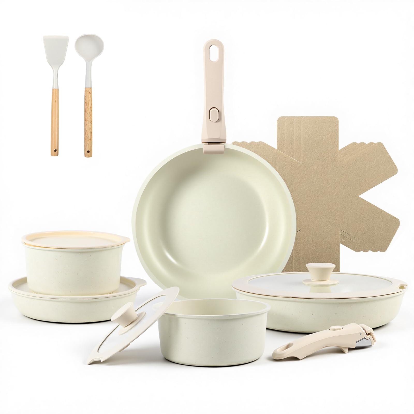 17pcs Non Stick Pots and Pans Set, Kitchen Cookware Sets with Detachable Handle, Induction Nonstick Cookware Set with Removable Handle, Stackable RV Cookware, Oven Safe, PFOA Free, Beige