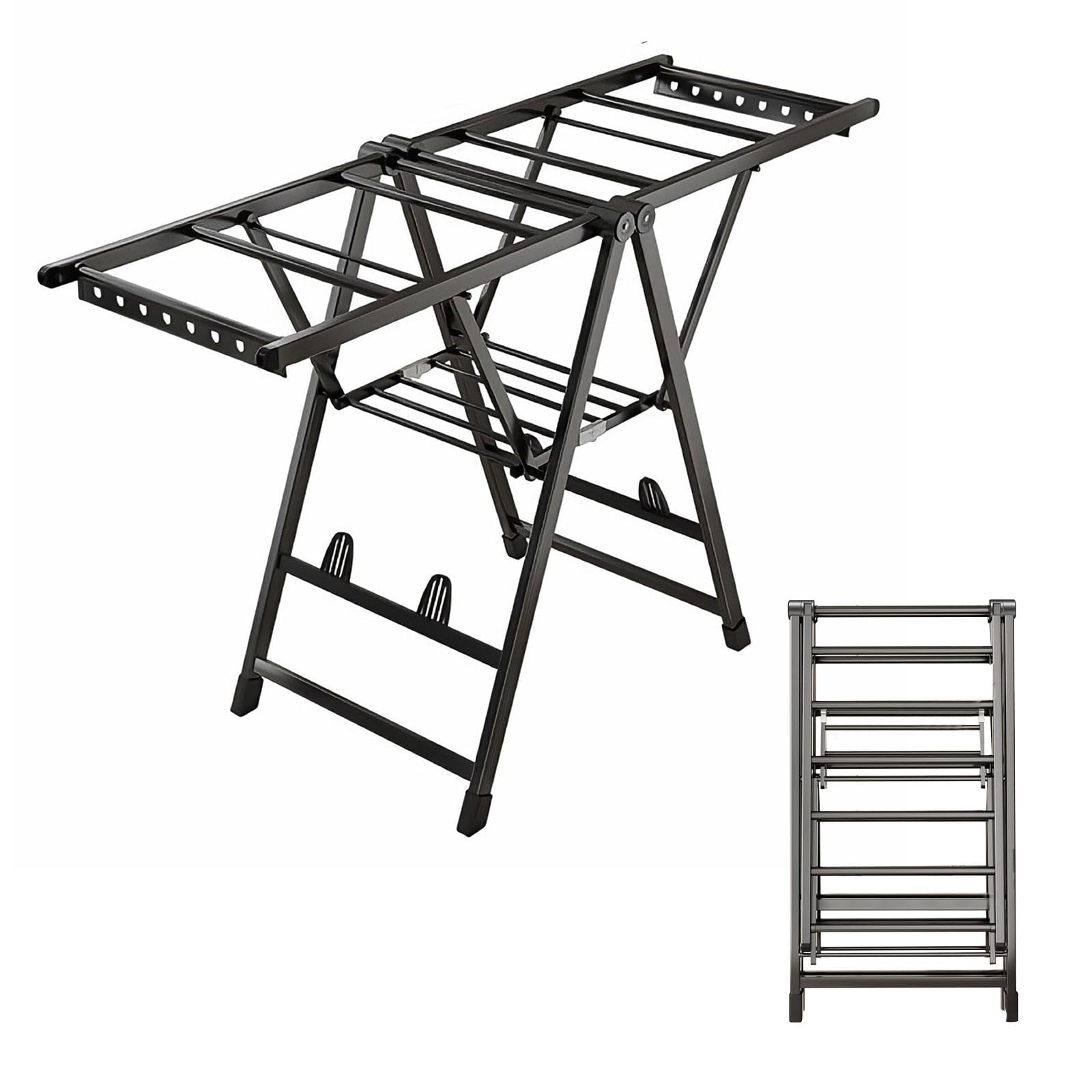 BCJMKDX folding clothes horse, Free-Standing Laundry Drying Rack, 18-Tier Foldable Clothes With Height-Adjustable Gullwings(Upgraded,140cm black)