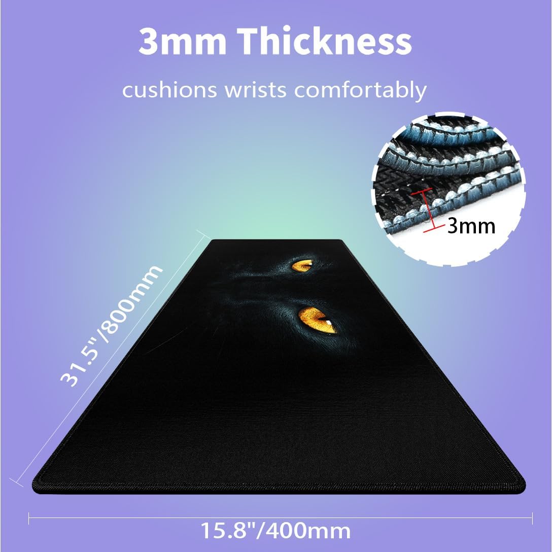 Large Gaming Mouse Pad (31.5" x 15.8") - Black Cat with Golden Eyes Magical Gaze, Extra XXL Extended Office Accessories, Premium Stitched Anti-Slip Desk Mat - Image 2