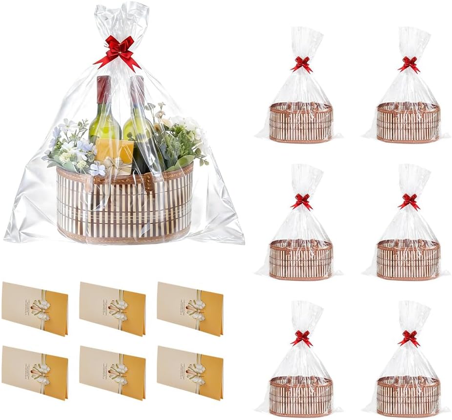 DICOSMETIC 6Sets Large Bamboo Gift Basket Valentine's Day Baskets for Gifts Empty Foldable Woven Gift Basket with Handle for Birthday Housewarming Mother's Day