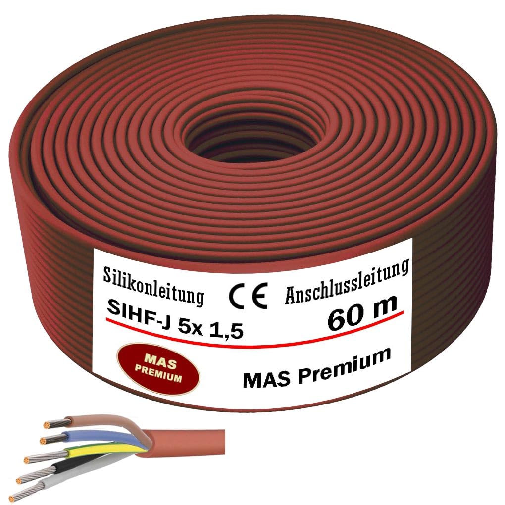 MAS Premium Cable de conexión de silicona de 5 a 200 m, cable de silicona para sauna SIHF-J, 5 x 1,5, alambre fino, flexible para equipos de alta temperatura (60 m)