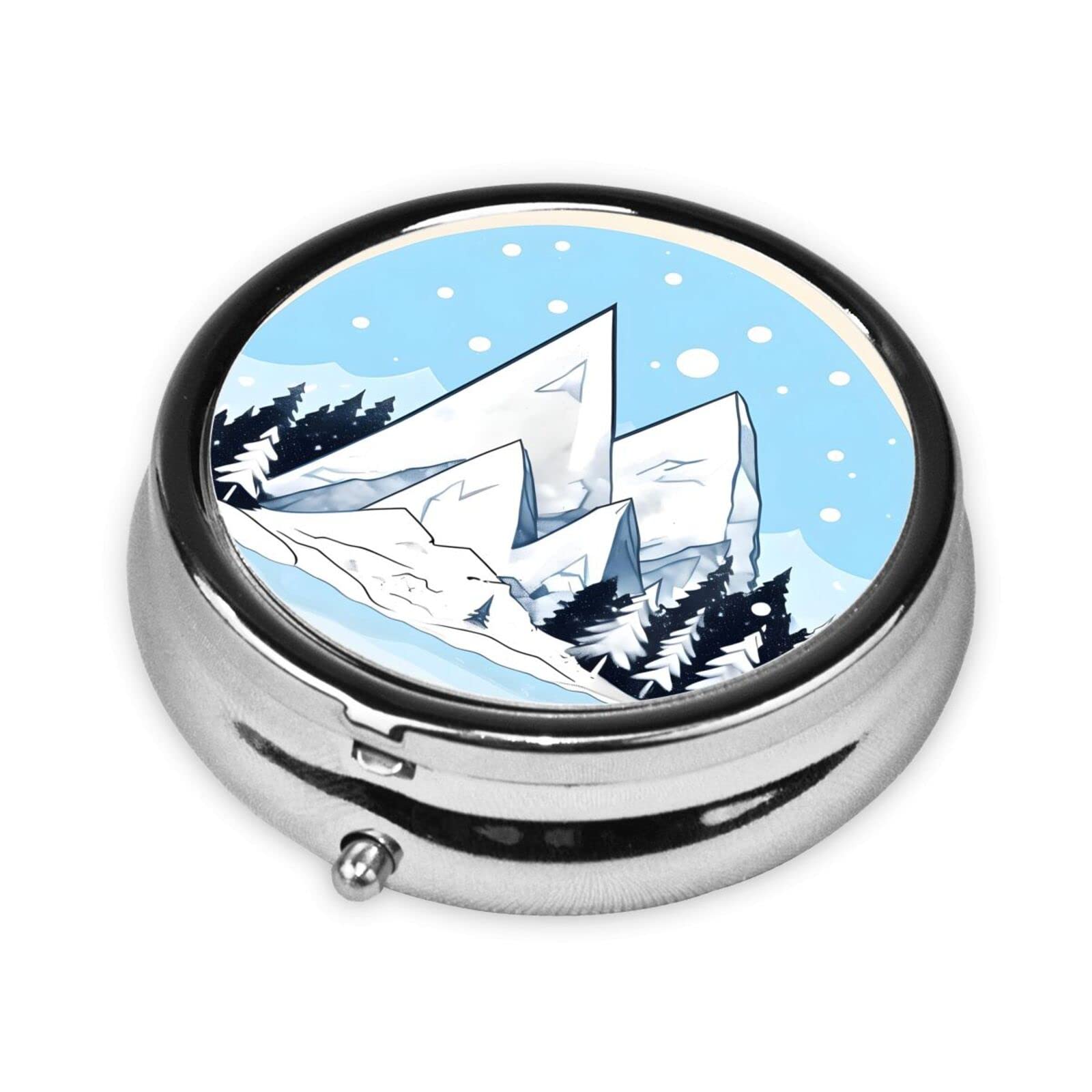 Cute 3-Compartments Round Pill Box Snow-Capped Mountains Small Pill Case Portable Medicine Dispenser,for Pocket Purse