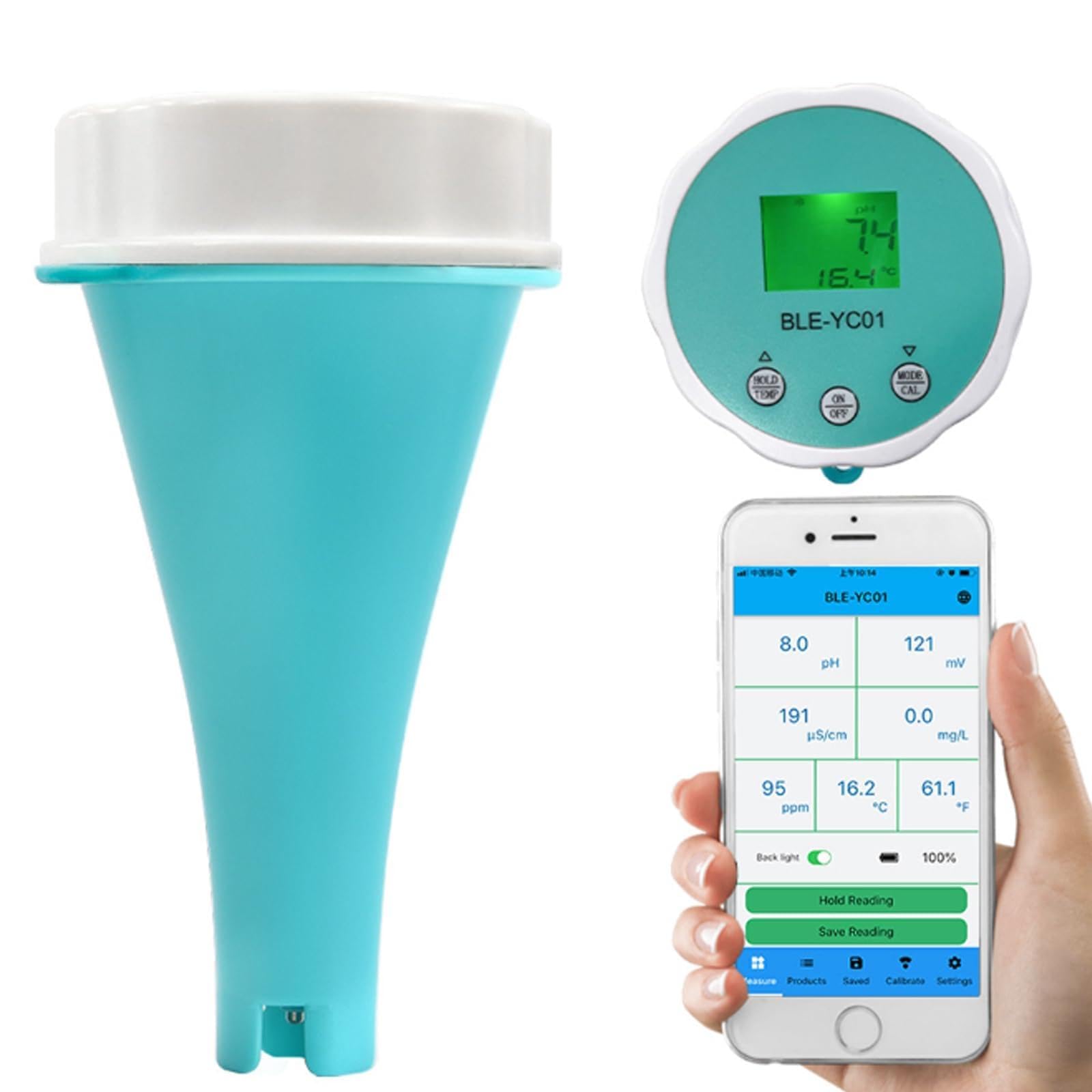 Tester di qualità dell'acqua 6 in 1 con calibrazione automatica, connessione app e archiviazione dati, misura pH, CL, CE, TDS, ORP e temperatura per acquario, acqua potabile e piscina
