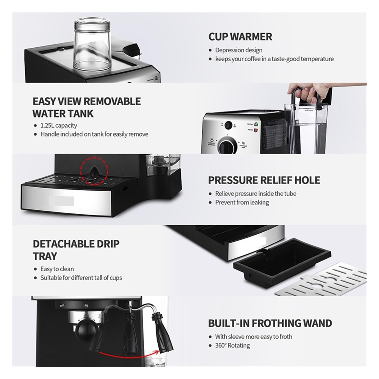 Cafetera de 15 Bares para Espresso, Capuchino Calentamiento rápido con vaporizador Leche