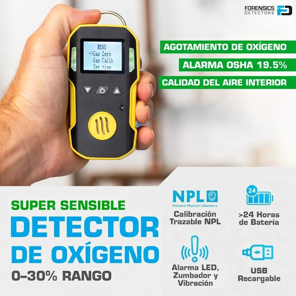 Detector de Oxígeno | Certificado de Calibración EU | Recarga USB | Alarmas Sonoras, Luminosas y por Vibración | 0–30% O2