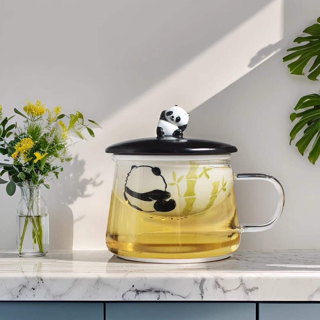 Szklana filiżanka do herbaty Panda, szklany zaparzacz do herbaty, ceramiczny zaparzacz z sitkiem i woreczkiem na sznurku, szklana filiżanka do herbaty z liściastej herbaty, 380 ml