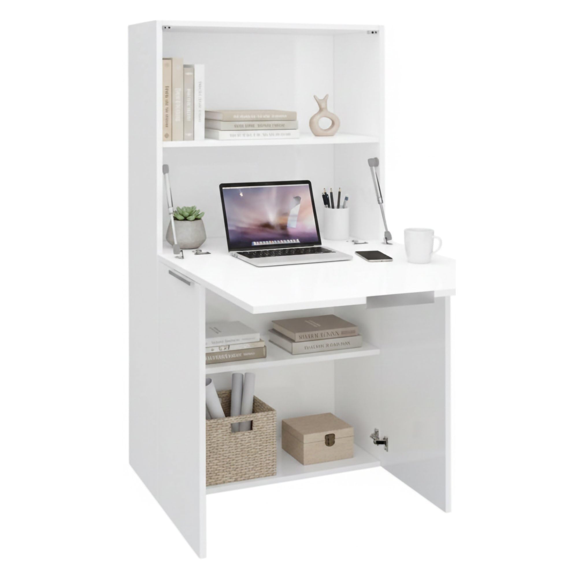 Dmora - Scrivania Gianpiero, Mobile multiuso con scaffali e piano da lavoro, Tavolo multiuso per ufficio, Scrivania salvaspazio multiposizione, 100% Made in Italy, cm 70x35h140, Bianco lucido