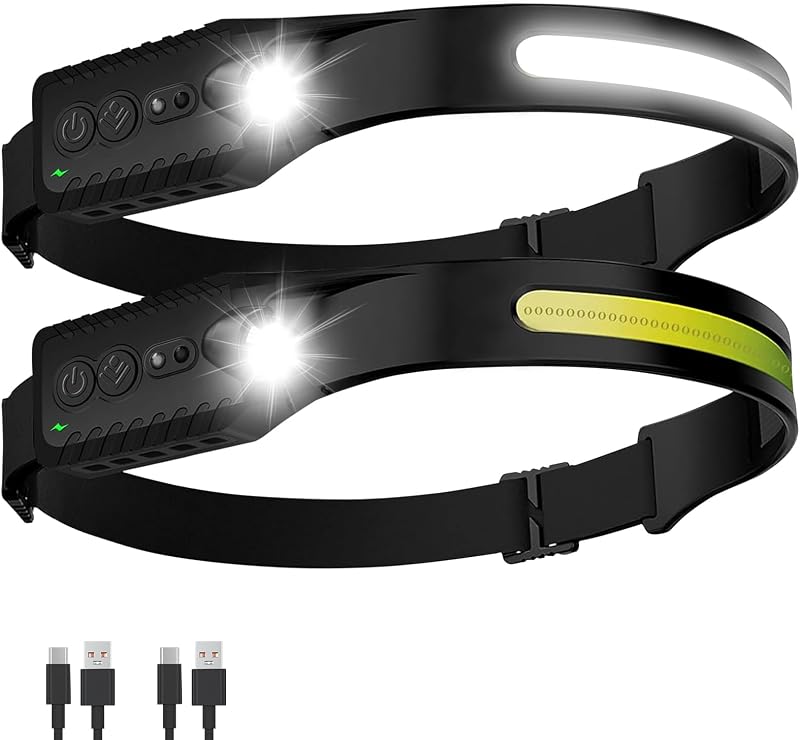 Linterna frontal recargable (paquete de 2), linterna LED para cabeza, luz de diadema de haz ancho de 230°, 400 lúmenes súper brillante, faro ligero recargable USB-C para correr, pescar, caminar, acampar