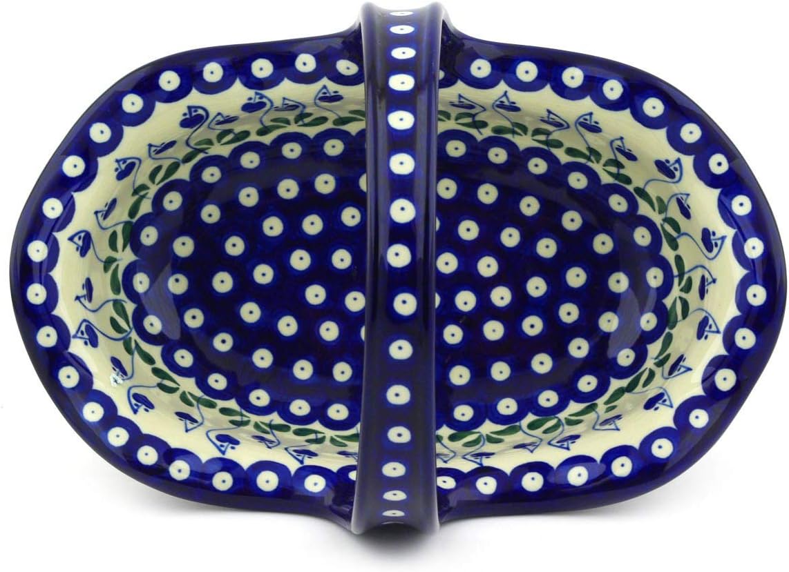 Polmedia Polish Pottery Basket with Handle - Bleeding Heart Peacock Pattern Handmade in Boleslawiec Poland by Ceramika Artystyczna + Certificate of Authenticity