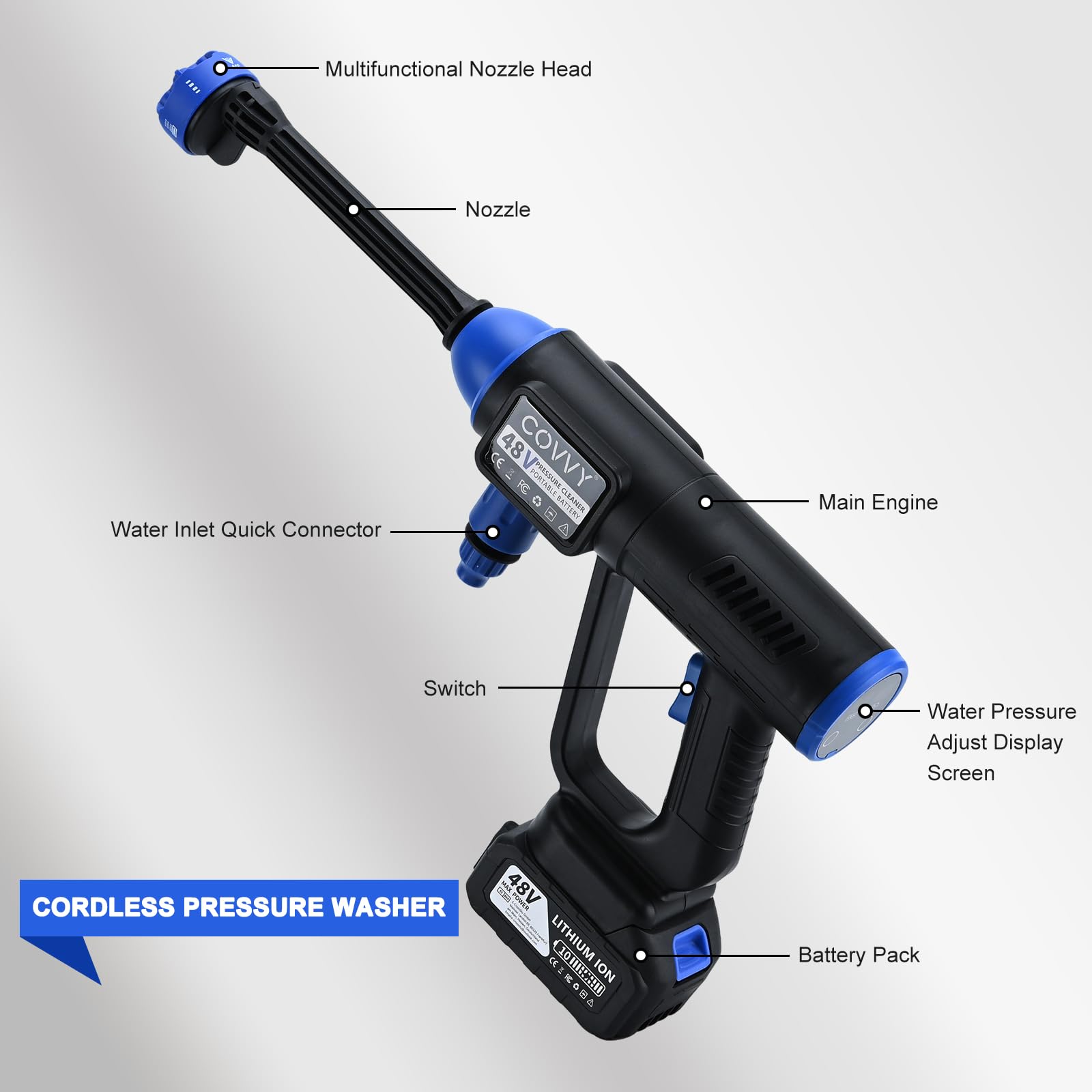 Limpiador de alta presión inalámbrico de 2 pilas 725PSI portátil, generador de espuma, manguera de 10 m, conexión de manguera, filtro, boquilla 6 en 1, lavado de chorro para coche, limpieza de