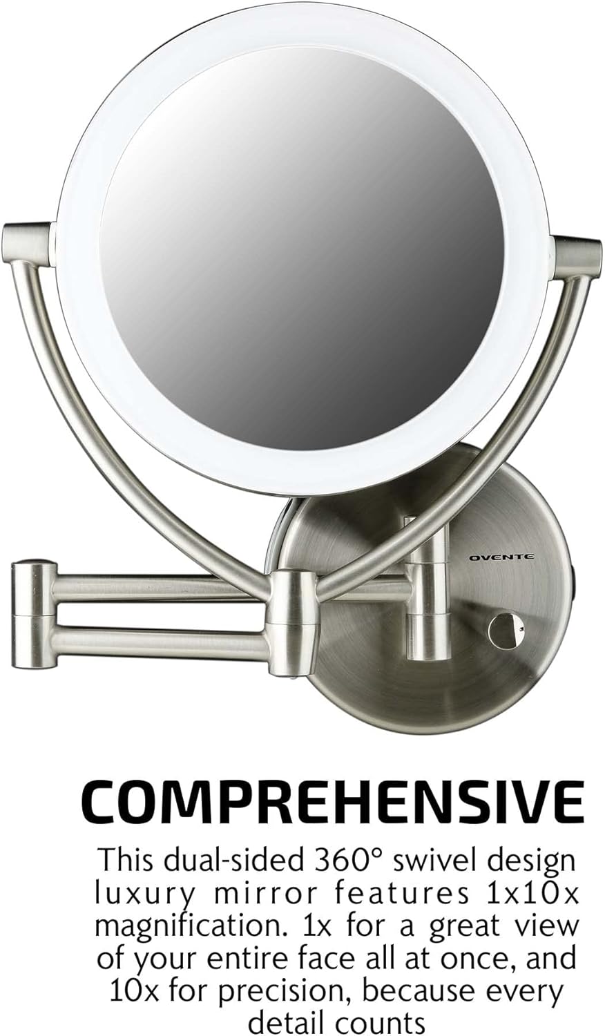 Ovente 7.5" Lighted Wall Mount Makeup Mirror, 1X & 10X Magnifier, Spinning Double Sided Round LED w/ Dimmer Switch, Extend, Retractable & Folding Arm, Battery USB Powered Nickel Brushed MLW75BR1X10X