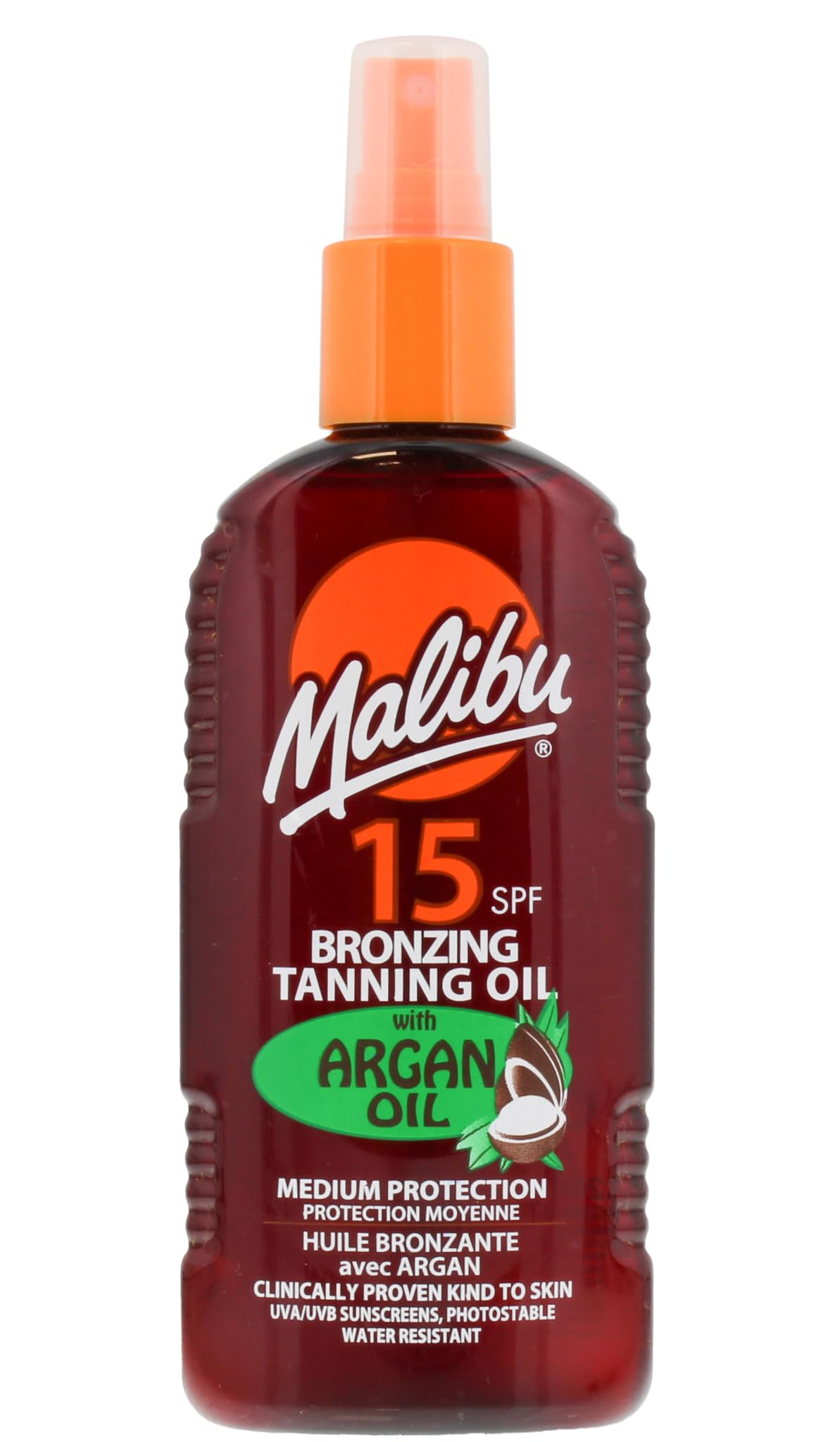 Malibu Sun SPF 15 Bronzing Tanning Oil Spray with Argan Oil, Hydrating Body Tanning Oil for Natural Golden Tan, Water Resistant, 200ml