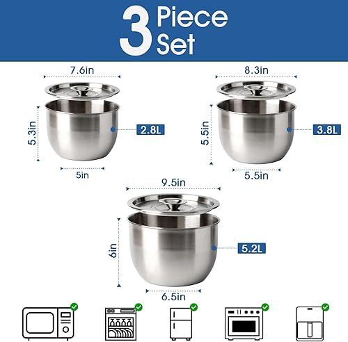 Miniatura 2 de NUTRIUPS Juego de 3 cuencos de acero inoxidable (5.5 QT+4 QT+3 QT) Juego de cuencos anidables con tapa, ensalada de cocina grande preparación de