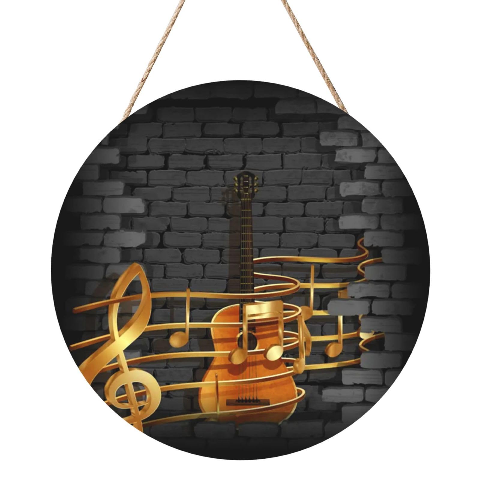 InOmak Note Guitar Printed, Round Wood Panel Painting 12 in, Wall Hanging Painting For Home
