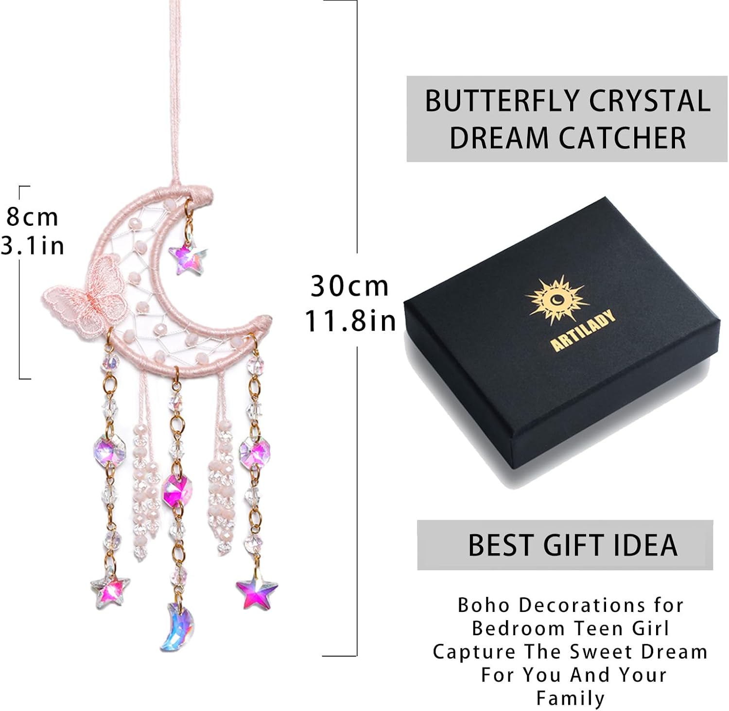 Artilady Dream Catcher for Girls Pink Butterfly Small Suncatcher Room Decor