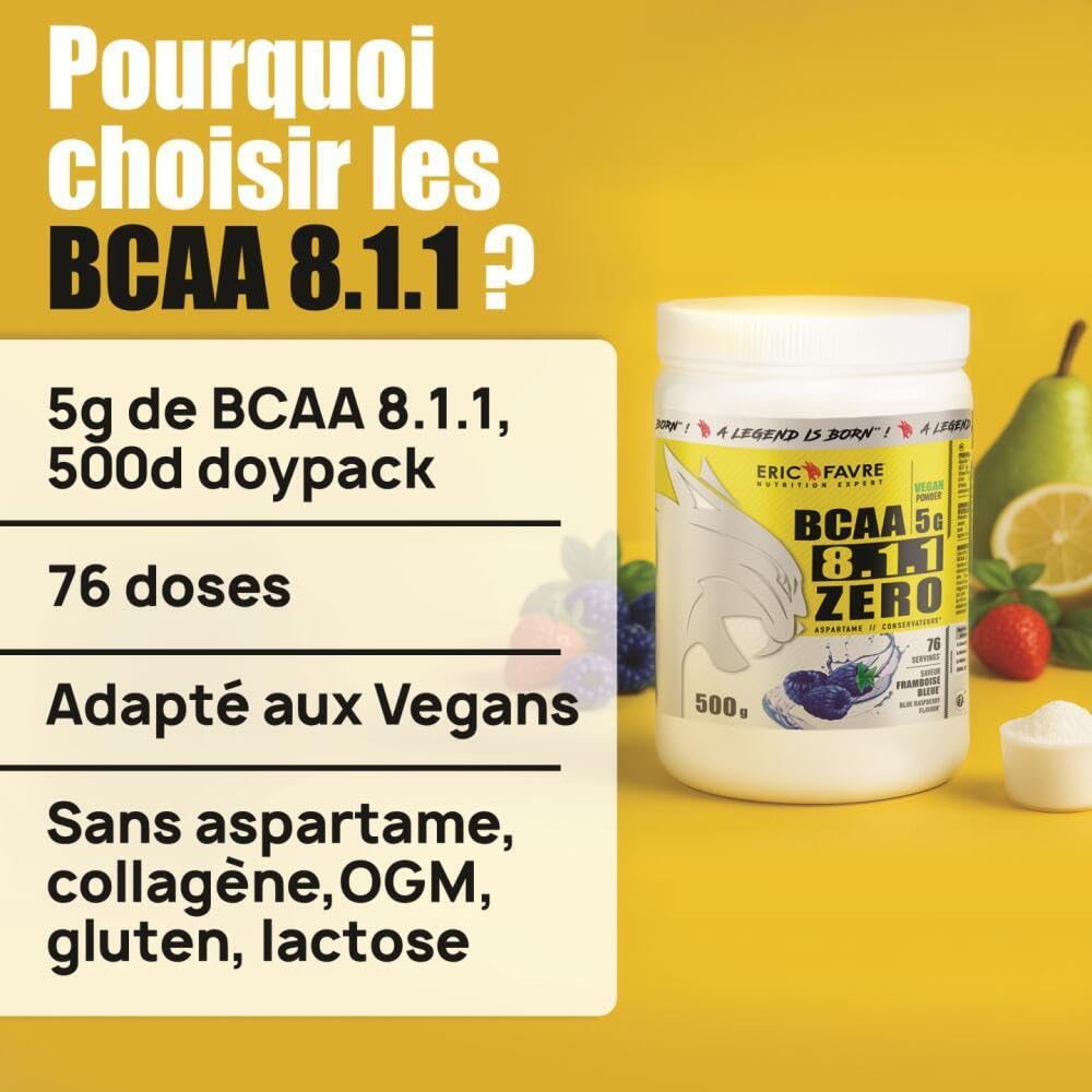 BCAA POUDRE 8.1.1 Zero - Acides Aminés Musculation Vegan - Votre Allié Pour Des Entraînements Efficaces - Performance Accentuée - 500g - Saveur Blue Raspberry - Eric Favre