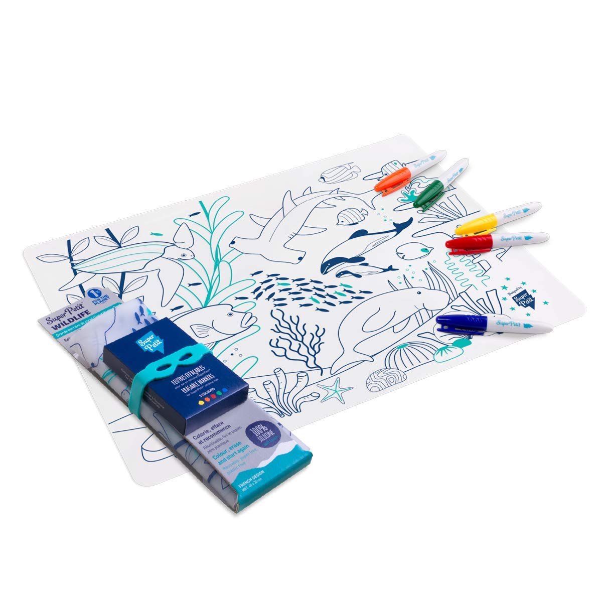 SUPER PETIT - Set De Table À Colorier - Corail - 5 Feutres Et Bracelet Fournis - Facile à Nettoyer - Réutilisable - Antibactérien - À Partir De 3 Ans