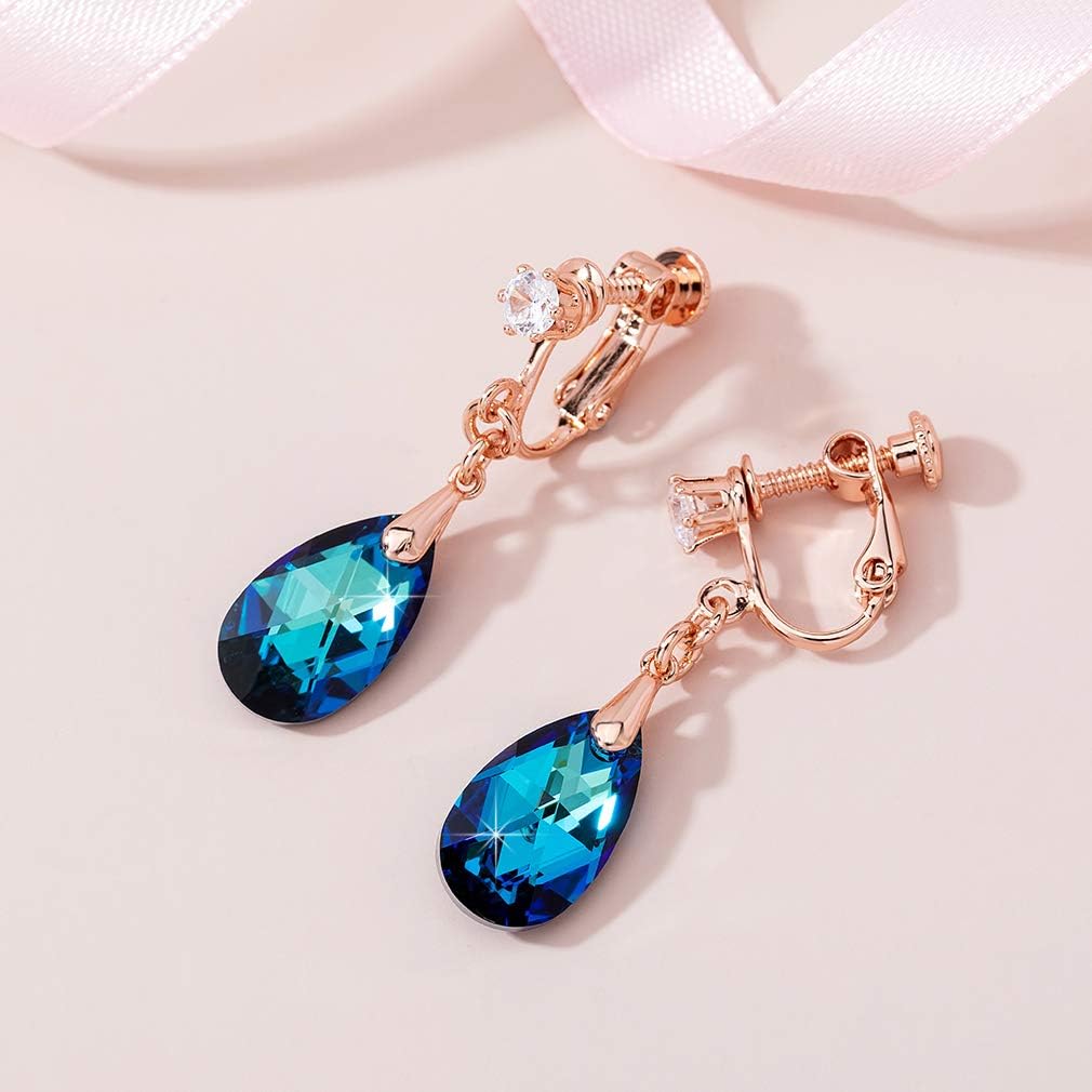 Teardrop Austrian Crystal Drop Clip On Dangle Earrings for Women Non Pierced 14K Rose Gold Plated Hypoallergenic Jewelry - Image 5