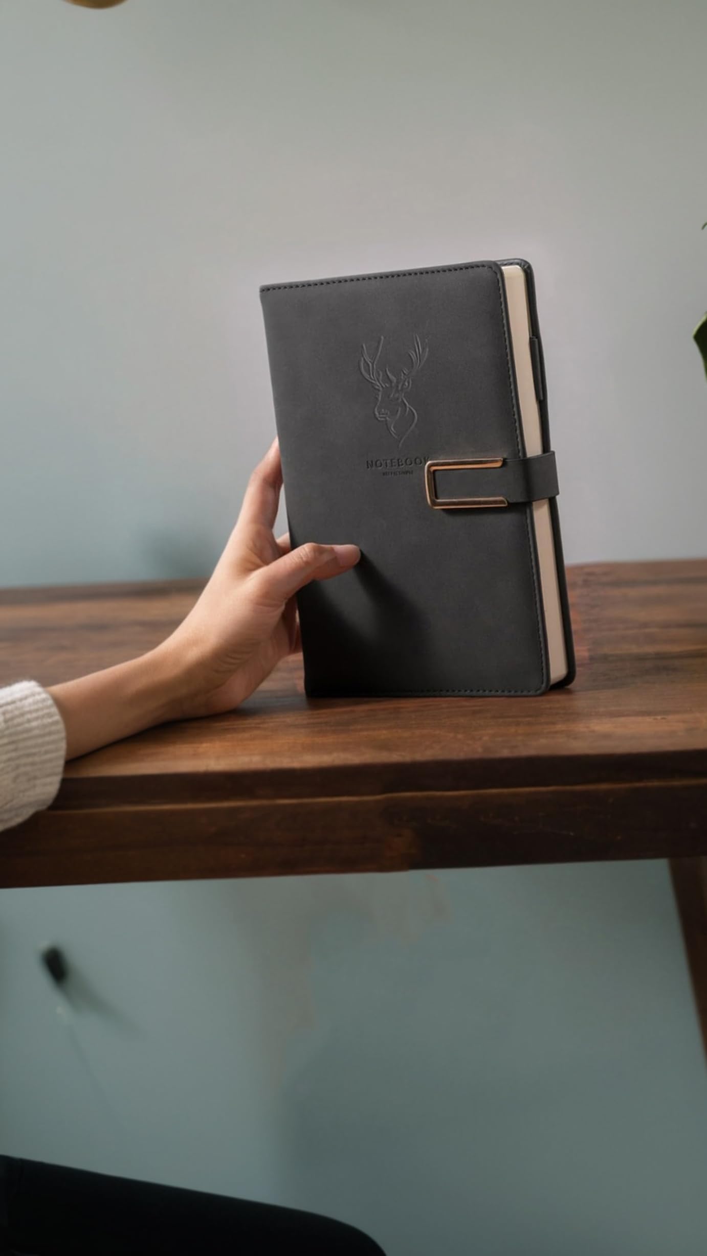 Sweet seven 416P Super Thick Business Notebook A5 Buckle Sheepskin Notepad with Deer Head Design - PU Leather Hardcover Journal, Diary （Black）