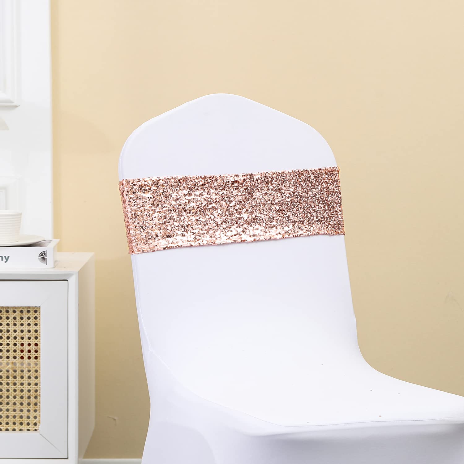 Zestaw 100 sztuk dookoła cekinów, różowe złoto, szarfy na krzesło do dekoracji ślubnych, cekiny, opaski na krzesła z klamrami, na imprezę, baby shower, różowe złoto, cekiny, spandeks, szarfy na