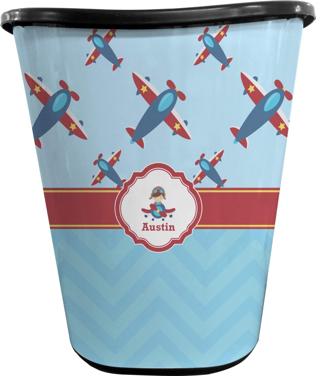 Personalized Airplane Theme Waste Basket - Double Sided (Black)
