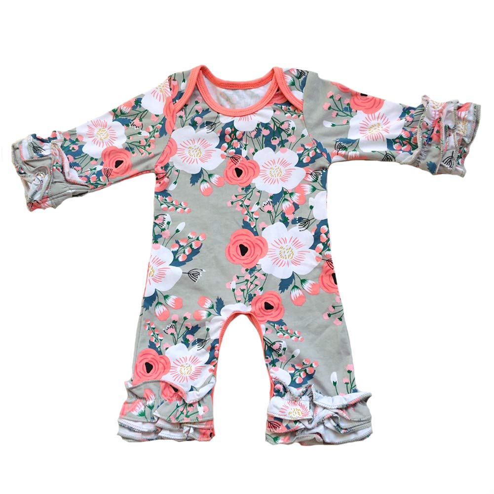 OwlFay Toddler Little Girls Baby Christmas Romper Icing Ruffle Bottoms Long Sleeve Jumpsuit Playwear Pants Floral Printed Romper Summer Fall Birthday Outfits Party Clothes Gray Floral 3-6 Months