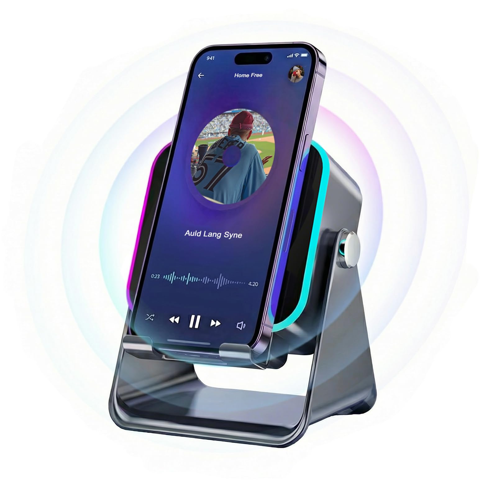 Enceinte Bluetooth 5 en 1 avec induction sans fil et support de téléphone, batterie 5000 mAh, lumière d'ambiance RVB, rotation à 360°, son Hi-Fi, Bluetooth 5.3, compatible avec smartphones/tablettes