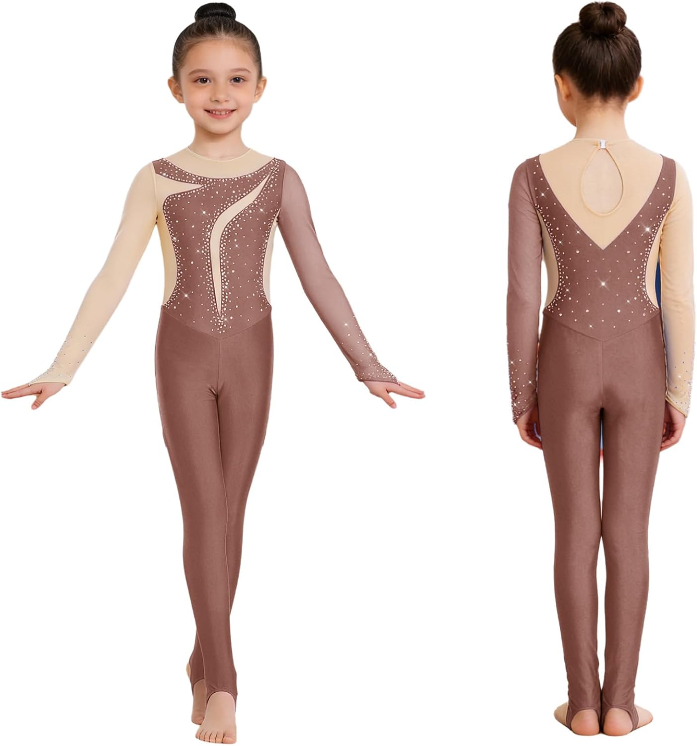 Loyan Youth Girls Gymnastics Dance Jumpsuit Yoga Unitard Workout Full Length Leotard Rhinestones Color Block Bodysuit