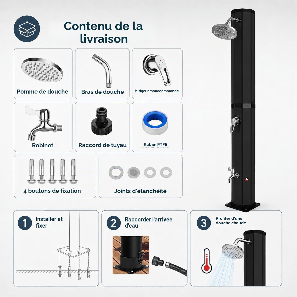 Douche Solaire de Jardin 60 L avec Housse de Protection, Pommeau de Douche à Effet Pluie Réglable, Robinet et Contrôle de Température/Pression - Idéal Douche de Piscine