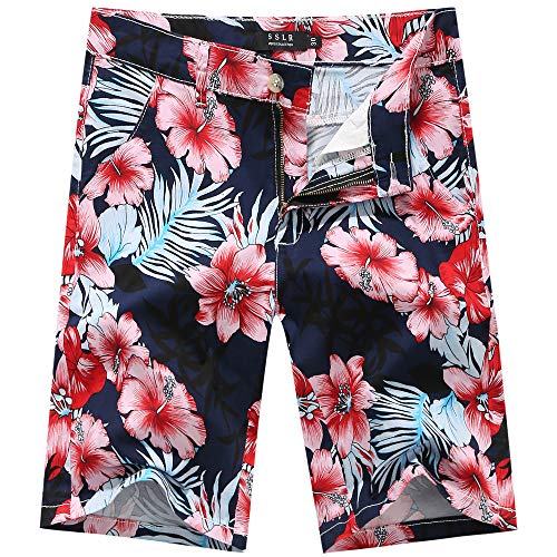 SSLR Men's Flower Mid Rise Flat Front Casual Aloha Hawaiian Shorts (38, Navy Red)