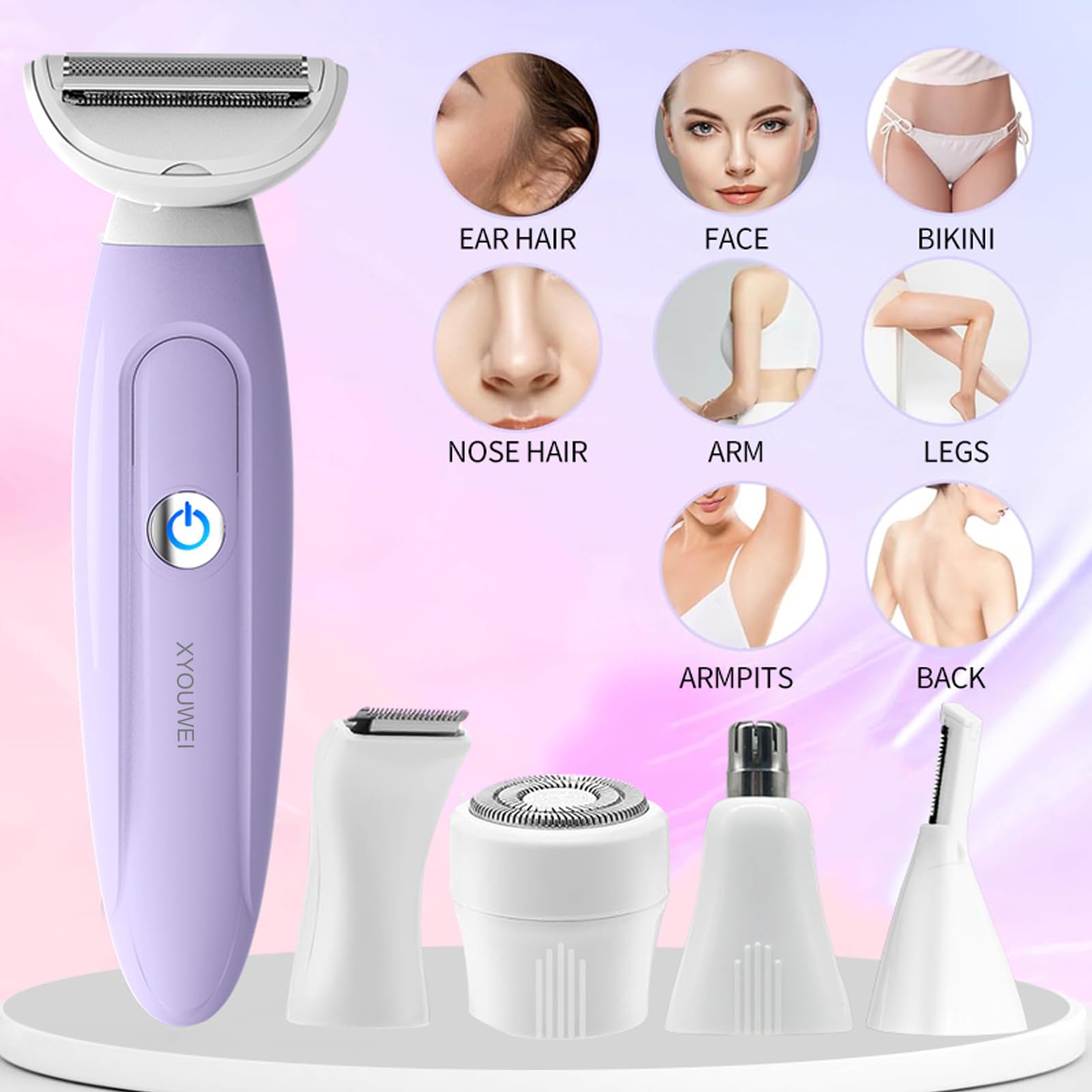 Maquinillas de afeitar eléctricas para mujer, recortadora de bikini para mujer, multifunción 5 en 1, kit de afeitadora para cara, nariz, cejas, brazos, axilas, piernas, área púbica 2