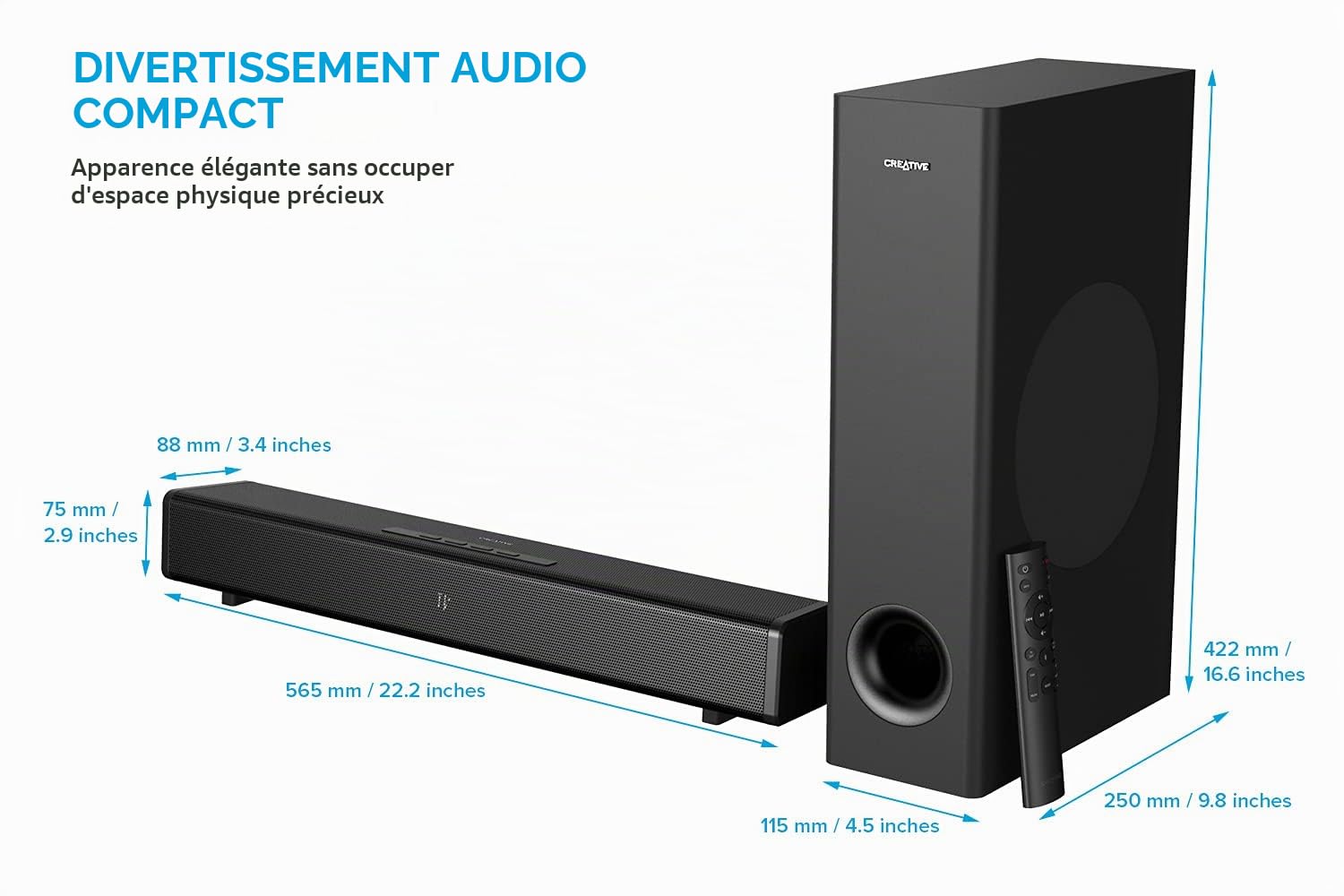 CREATIVE Stage 360, Barre de Son avec Caisson de Basses pour TV, PC avec Atmos, Son Surround, HDMI Arc/2.0, Bluetooth, Entrée Optique, Télécommande IR
