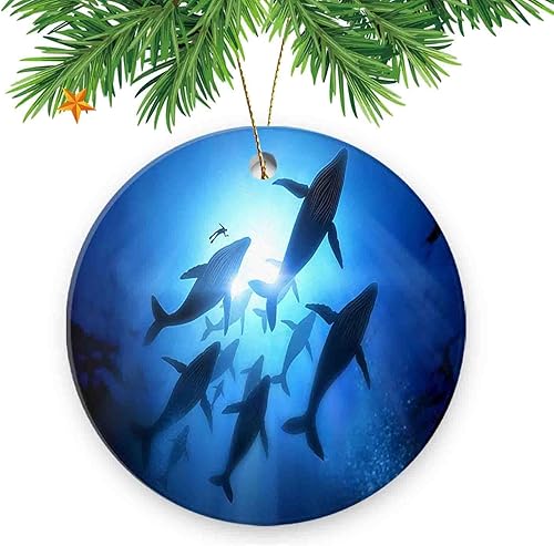 Pedente de círculo de adorno navideño de cerámica, un buzo con una vaina de ballenas jorobadas