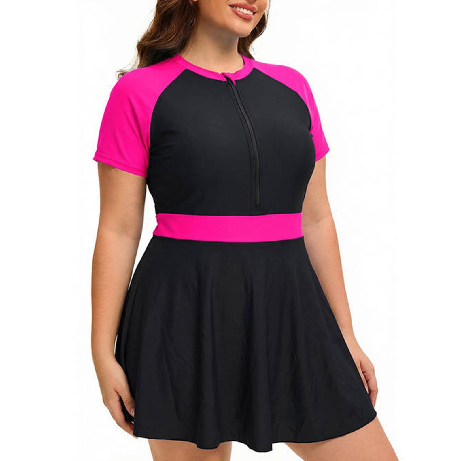 Generisch Maillot de bain rashguard 2026 pour femme, grande taille, robe de bain à manches courtes avec fermeture éclair et short