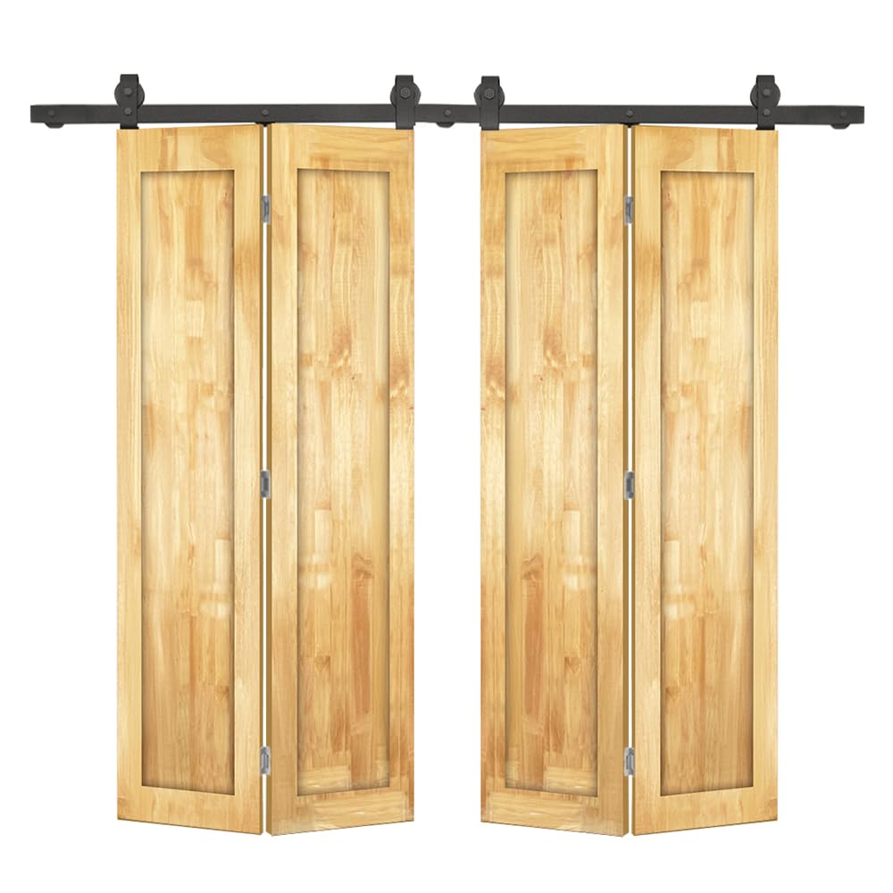 Condition photo showing New/Like New for 60 in. x 84 in. 1 Panel Shaker Hollow Core Weather Oak Pine Wood Double Bi-Fold Door with Barn Door Hardware Kit