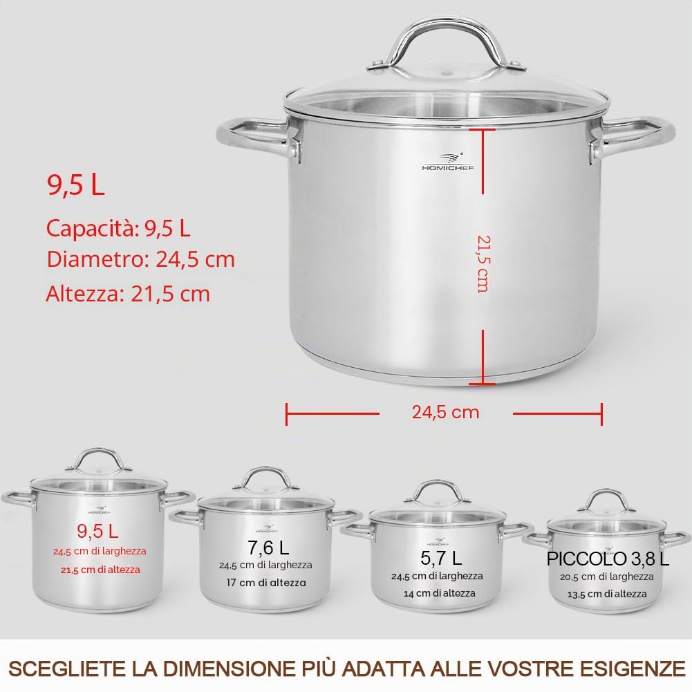 HOMICHEF Pentola in acciaio inossidabile senza nichel da 9,5 litri con coperchio in vetro - Pentola compatta e salutare con finitura lucida a specchio per cottura a induzione (24,5 cm)