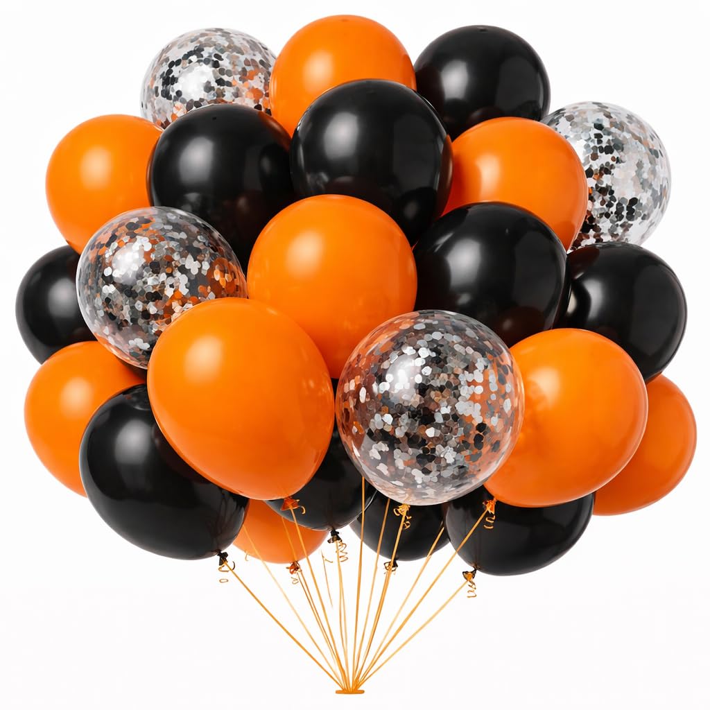 Party Balloons - 5 & 10 Inch Arch Set, Orange & Black Confetti Combo, 50 Pack, Helium Ready, Perfect for Weddings, Birthdays & Parties