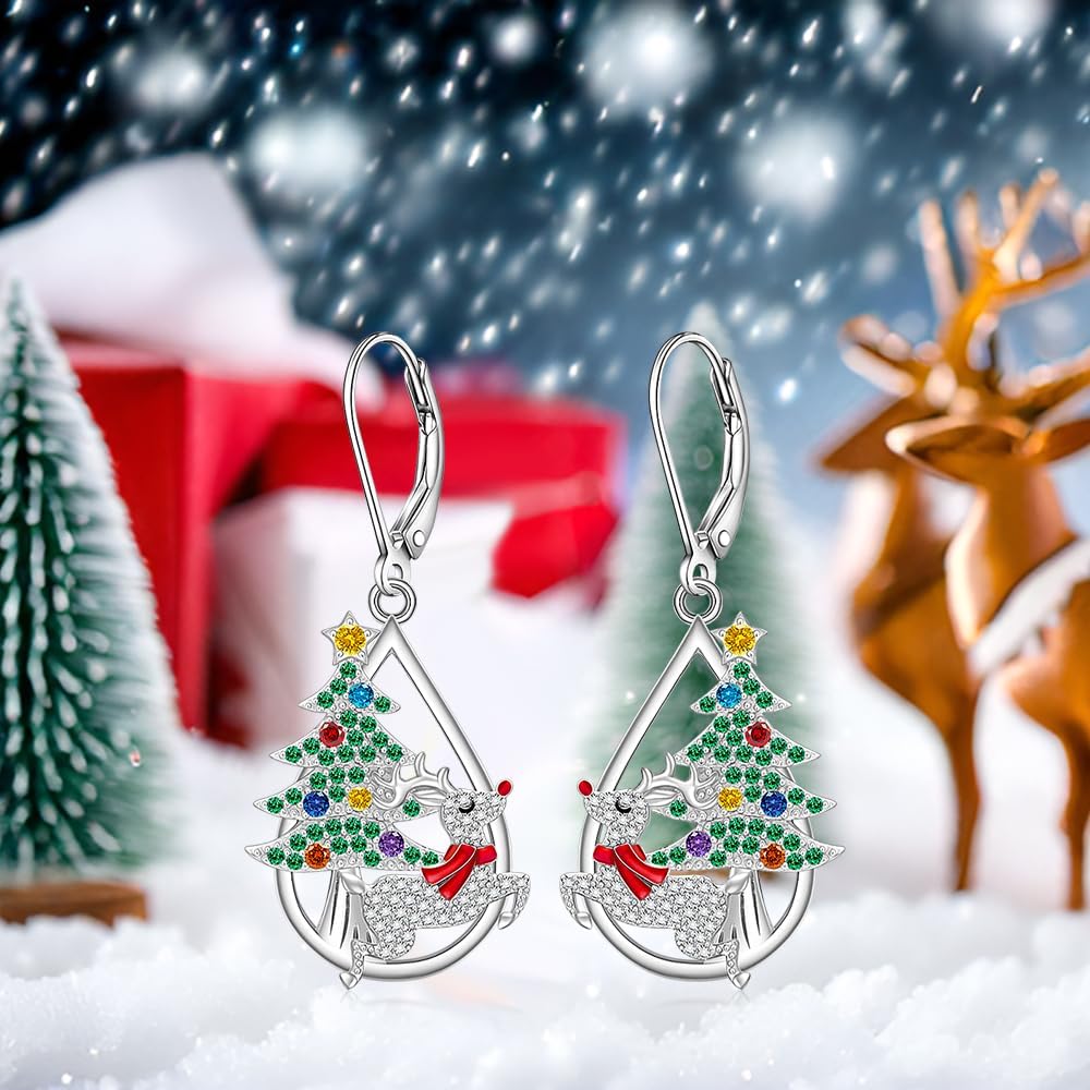 Christmas Tree Earrings Reindeer Earrings for Women S925 Sterling Silver Dangle Studs Leverback XMAS Gifts Holiday Jewelry - Image 9