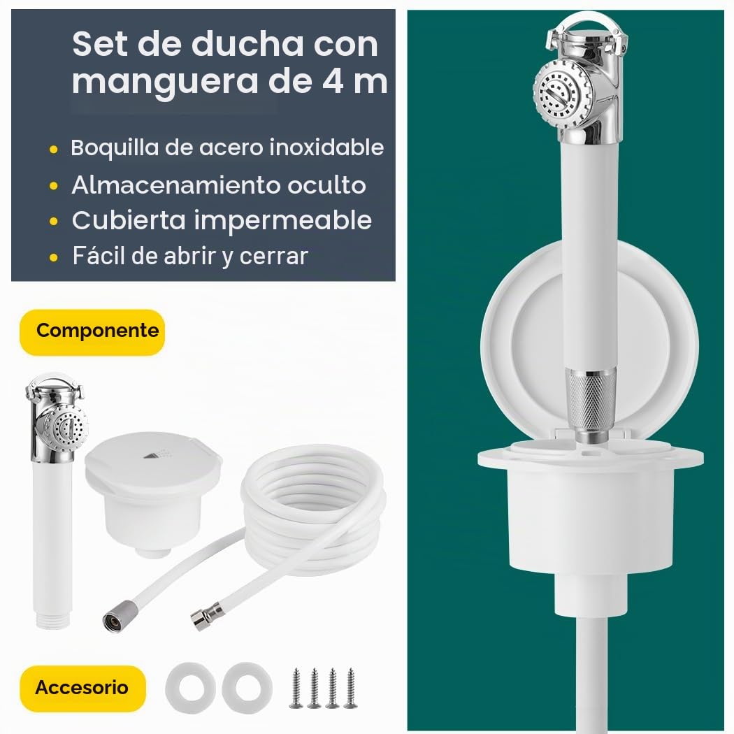 Kit de ducha de popa empotrada marina con manguera de 2,5 m - Ducha de mano de acero inoxidable para barcos, yates, autocaravanas y caravanas - Ducha de popa extraíble con tapa y kit de montaje