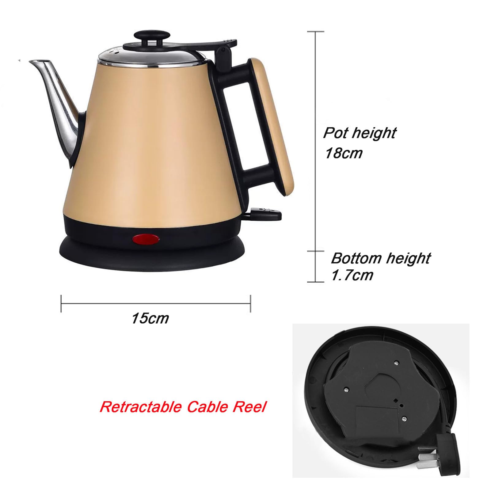 Hervidor eléctrico inalámbrico de acero inoxidable cepillado de 1,2 l, silencioso y de ebullición rápida, 1200 W, mango antiescaldaduras, pico vertedor perfecto, amarillo, talla única