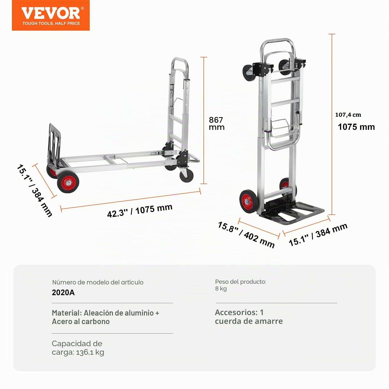 VEVOR Carretilla de Mano Plegable de Aluminio Carro de Mano 2 en 1 Carretilla de Transporte Plegable con Plataforma Carga de 181 kg Ruedas de Goma para Transporte de Mercancías de Almacén Supermercado