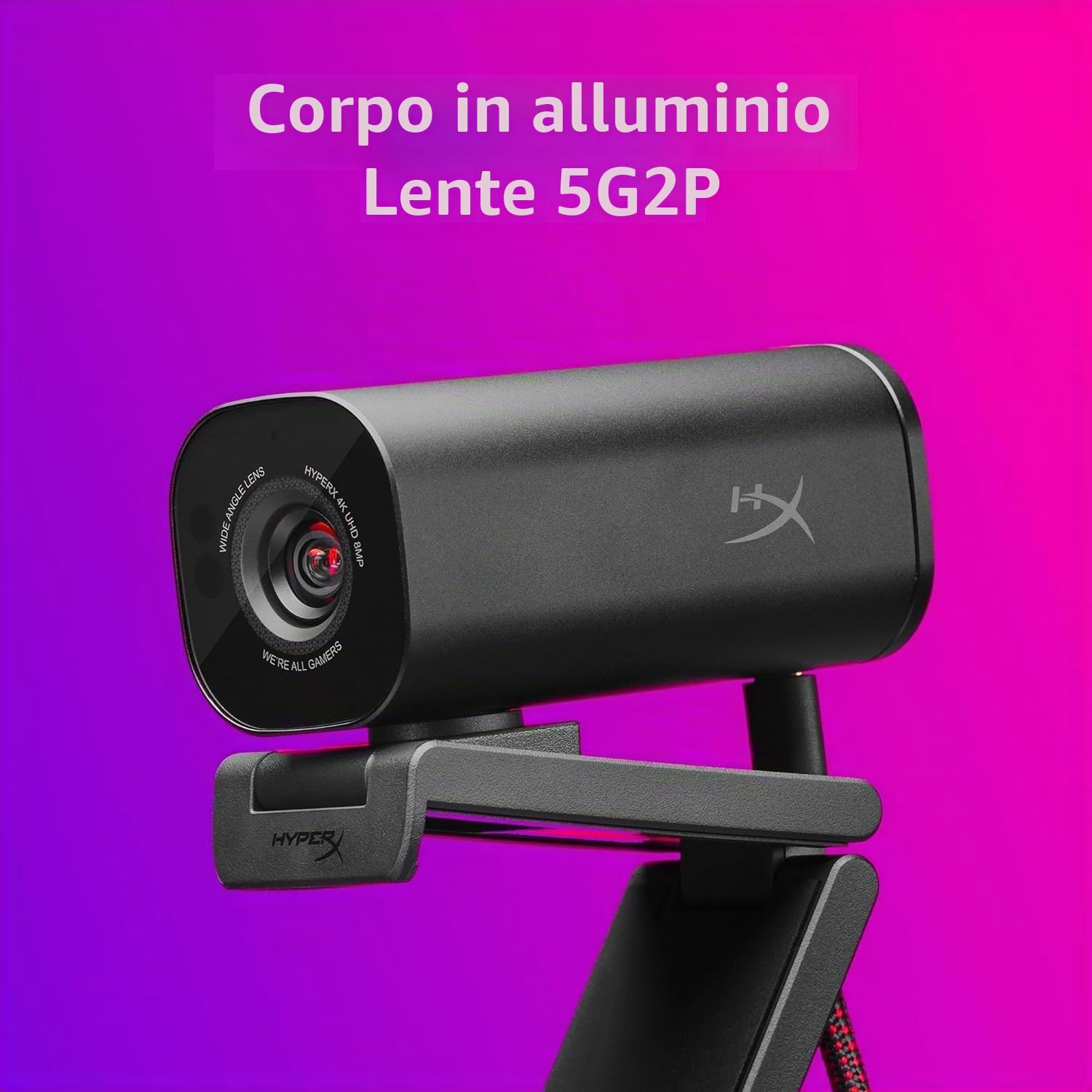 HyperX Vision S Webcam, 4K a 30 fps, FHD a 60 fps, Campo visivo fino a 90°, Sensore Sony Starvis 8 Megapixel, Ruotabile e Inclinabile, Windows Hello, Zoom, Teams, OBS, Discord, PC e Mac, Nero
