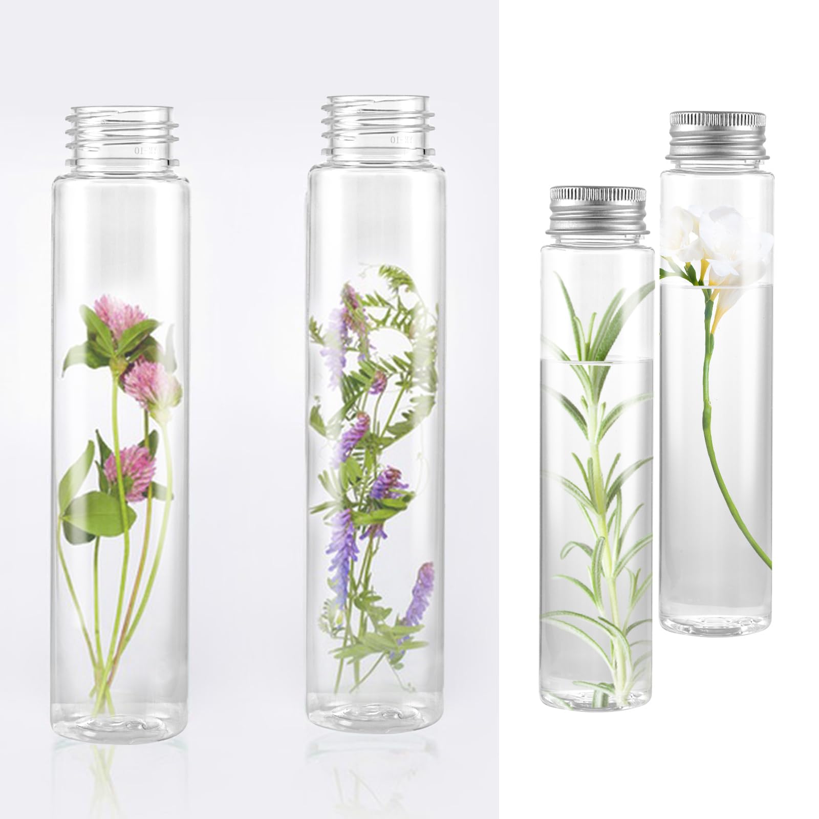 40 Tubes à Essai Plastique 110ml Transparents avec Bouchon Alu, Tubes Plats pour Bonbons, Liquides, Plantes, Décoration - Sécurité Alimentaire, Étanche