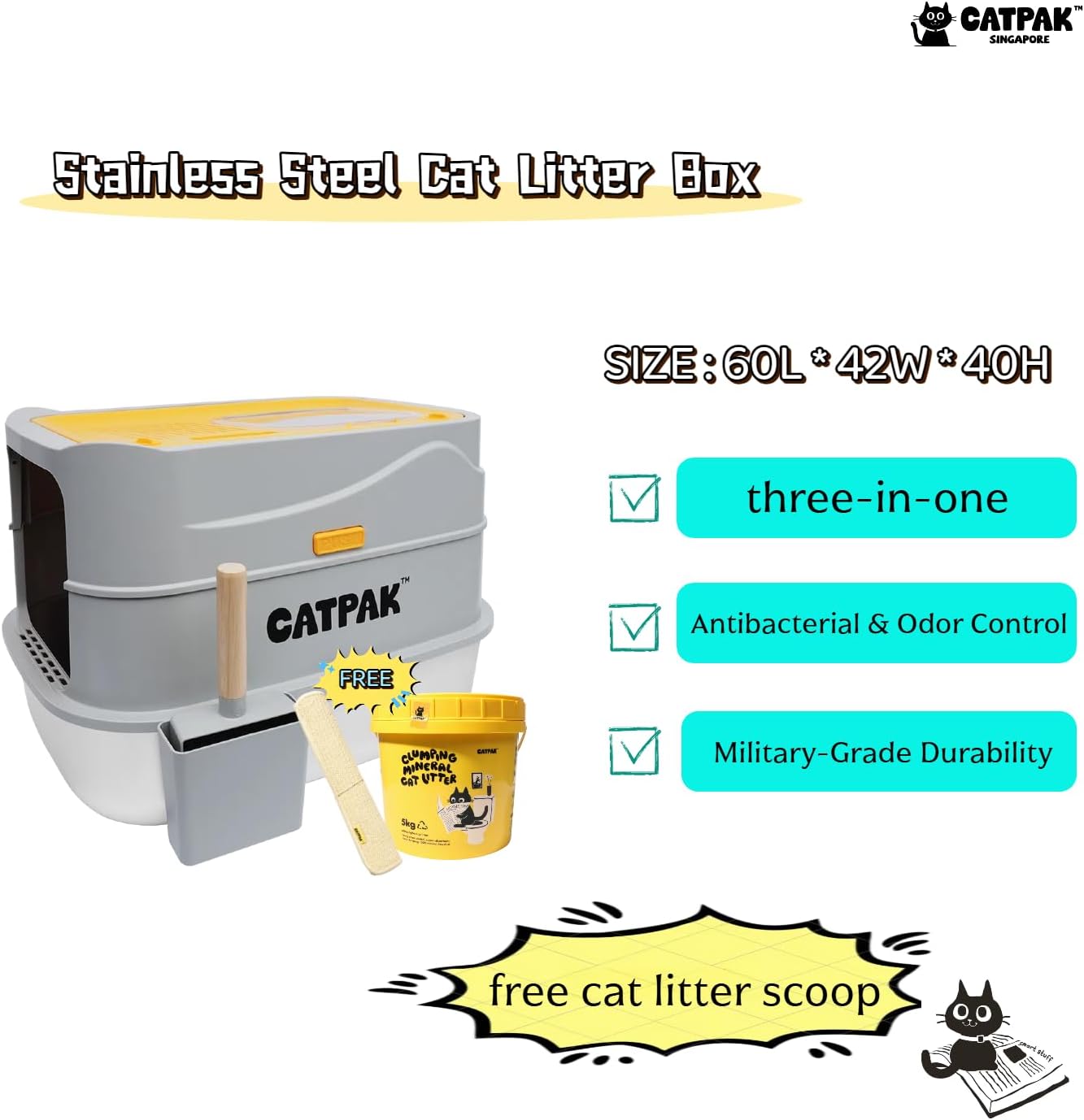 Stainless Steel Cat Litter Box with Removable Cover – Large Enclosed Litter Box with Front & Top Entry, Includes Litter Mat and Scoop for Easy Cleaning (X-Large)